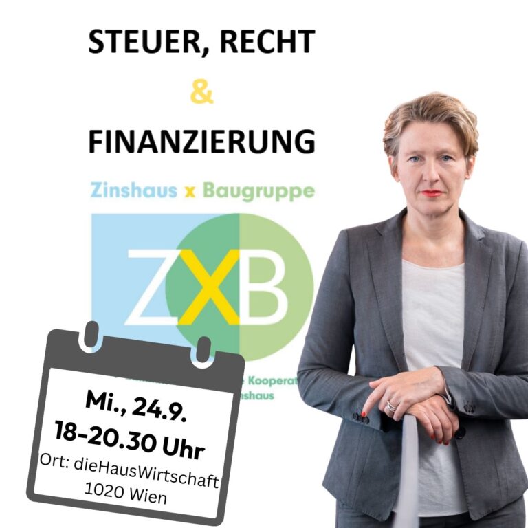 Auf dem Bild sieht man die Architektin Regina M. Lettner und einen Termin aus einem Kalenderblatt. Sie spricht über Steuer, Recht und Finanzierung von Zinshaussanierungen.